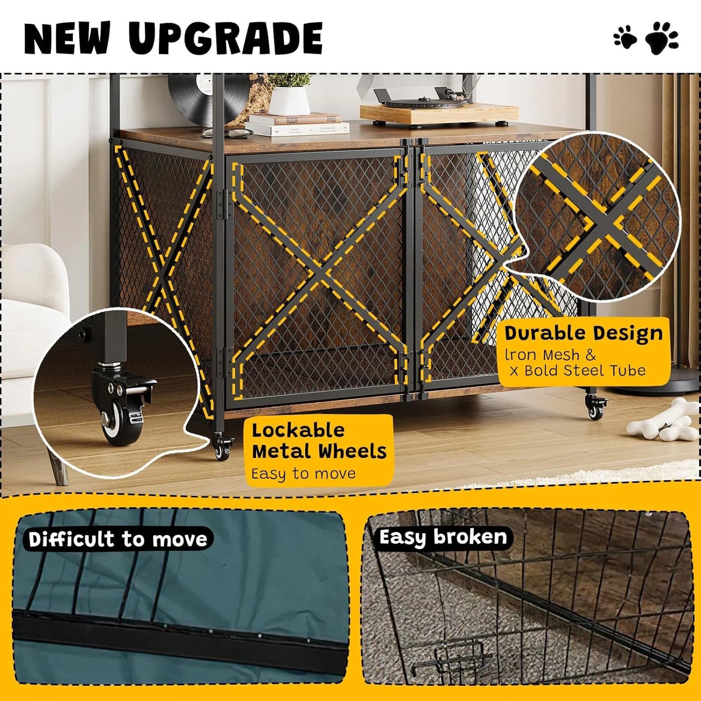 Large Wooden Dog Crate Furniture – Heavy-Duty Indoor Dog Cage with Lockable Wheels - Top Dogg Brand