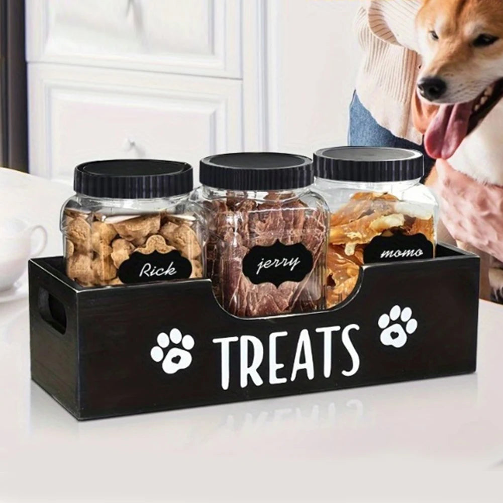 Wooden Pet Treat Storage Box with 3 Airtight Jars – Dog & Cat Snack Organizer - Top Dogg Brand