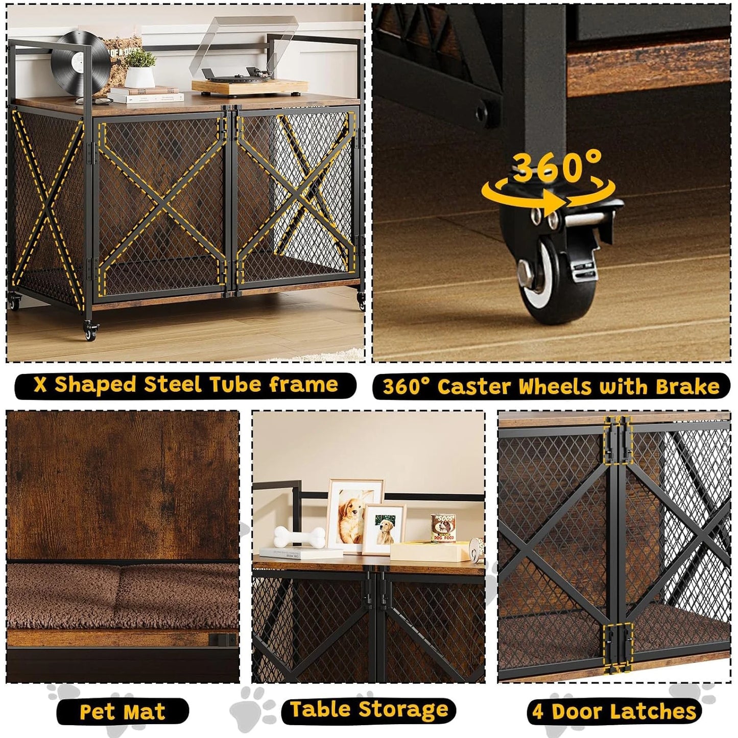Large Wooden Dog Crate Furniture – Heavy-Duty Indoor Dog Cage with Lockable Wheels - Top Dogg Brand