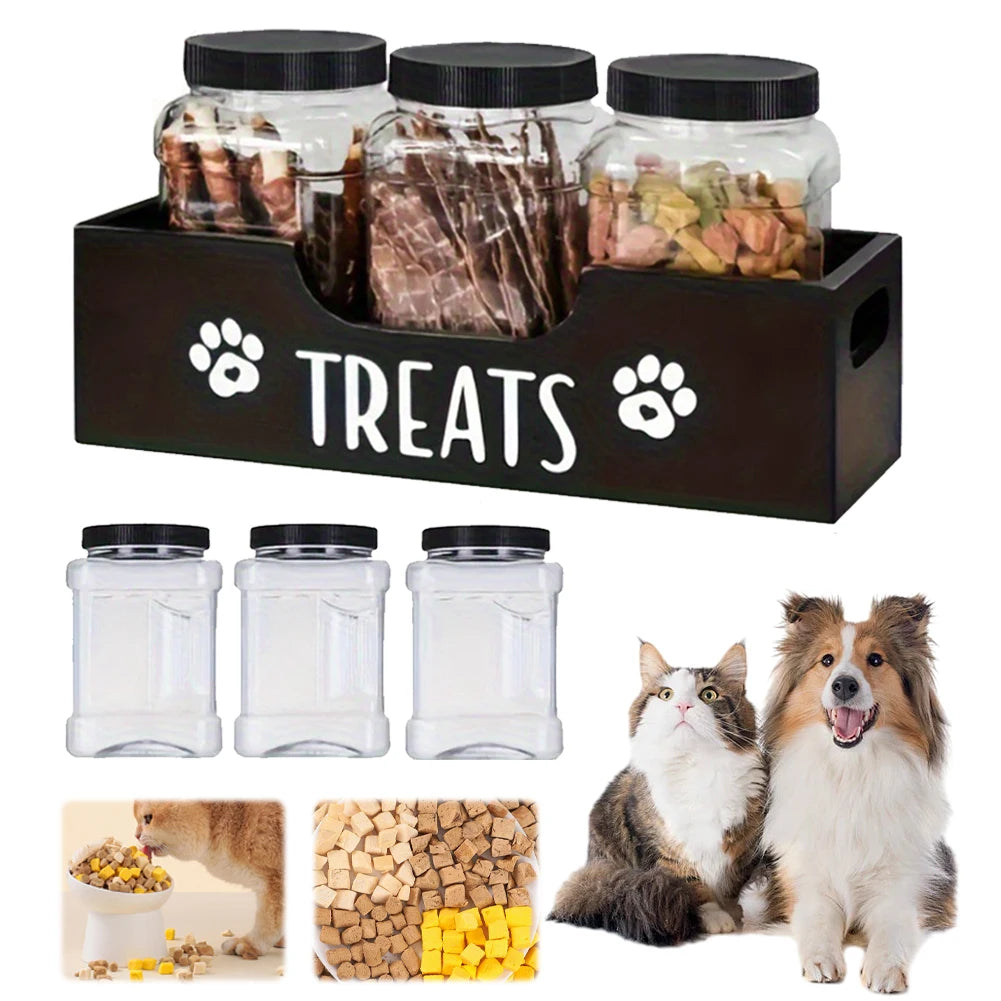 Wooden Pet Treat Storage Box with 3 Airtight Jars – Dog & Cat Snack Organizer - Top Dogg Brand