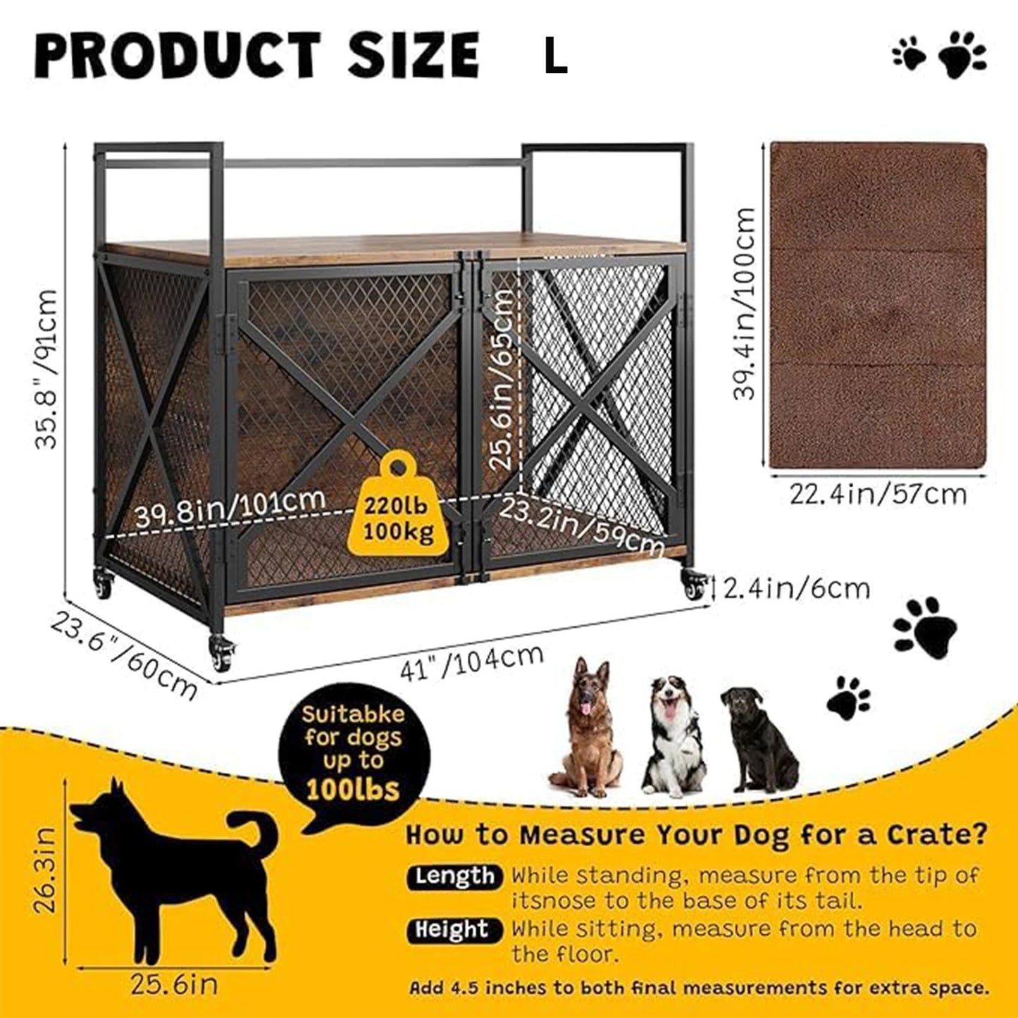 Large Wooden Dog Crate Furniture – Heavy-Duty Indoor Dog Cage with Lockable Wheels - Top Dogg Brand