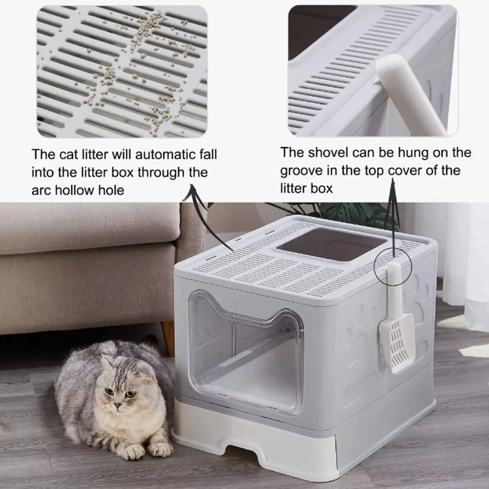 Foldable Cat Litter Box with Drawer & Scooper – Space-Saving, Easy-Clean Design - Top Dogg Brand
