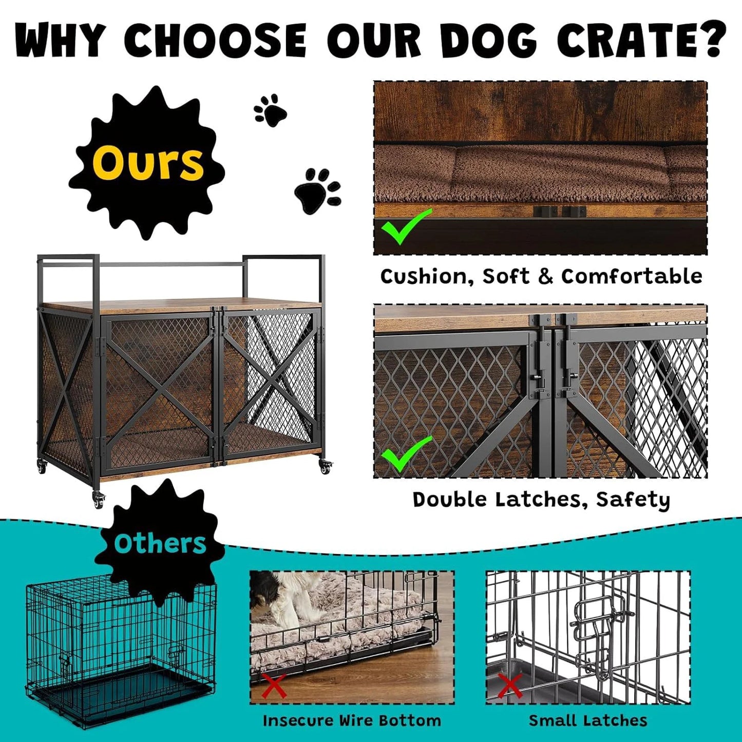 Large Wooden Dog Crate Furniture – Heavy-Duty Indoor Dog Cage with Lockable Wheels - Top Dogg Brand