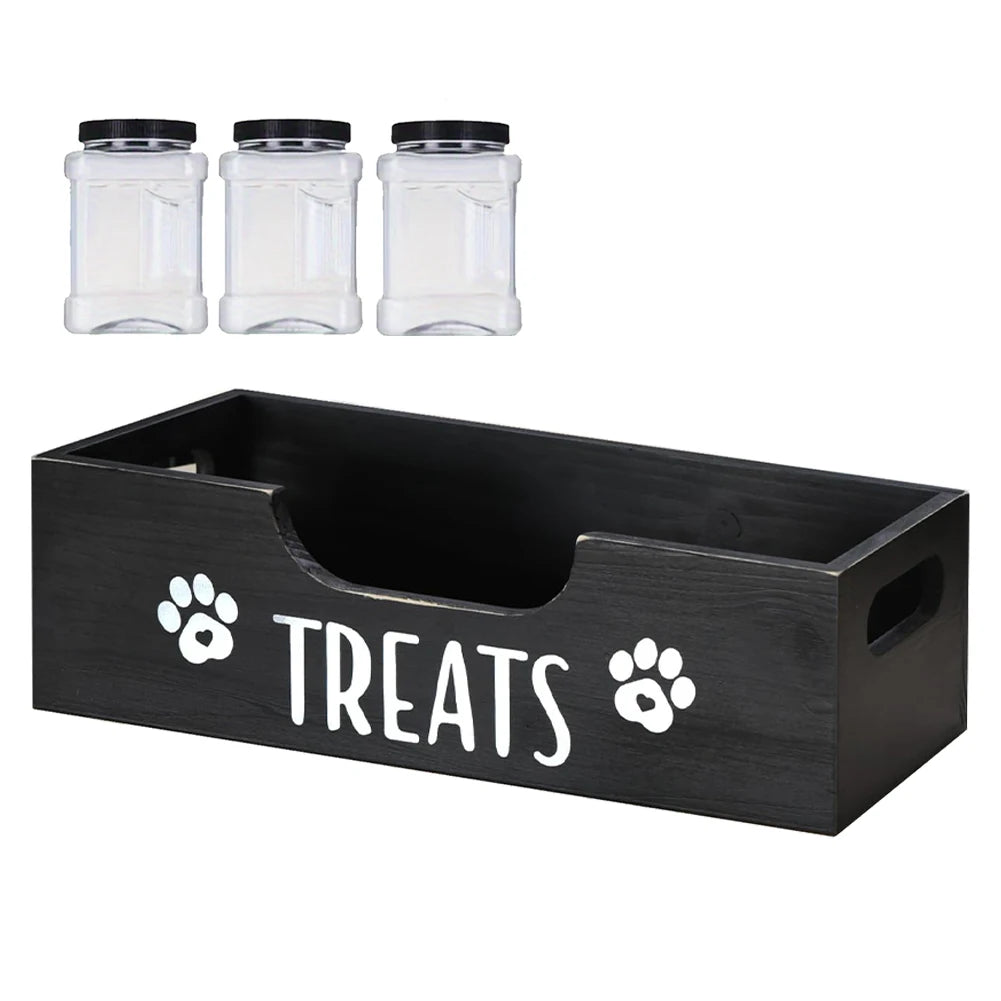 Wooden Pet Treat Storage Box with 3 Airtight Jars – Dog & Cat Snack Organizer - Top Dogg Brand