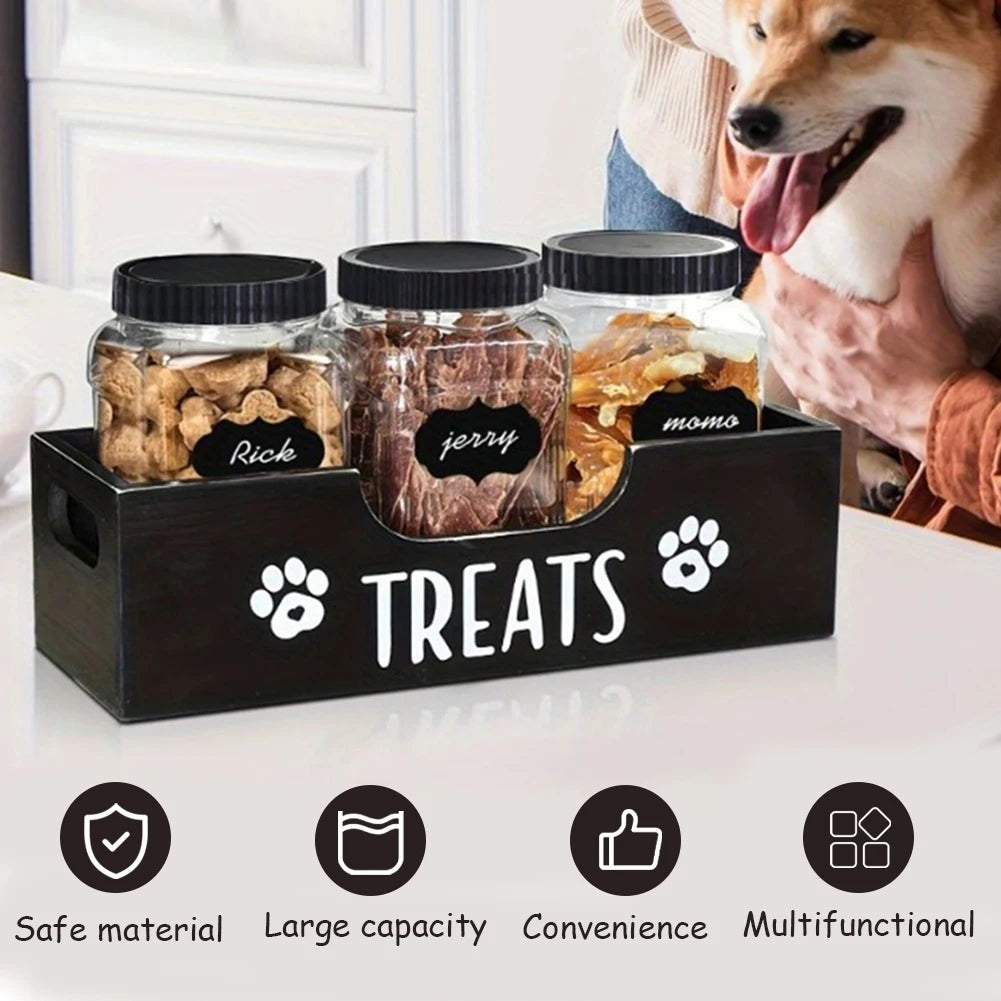 Wooden Pet Treat Storage Box with 3 Airtight Jars – Dog & Cat Snack Organizer - Top Dogg Brand
