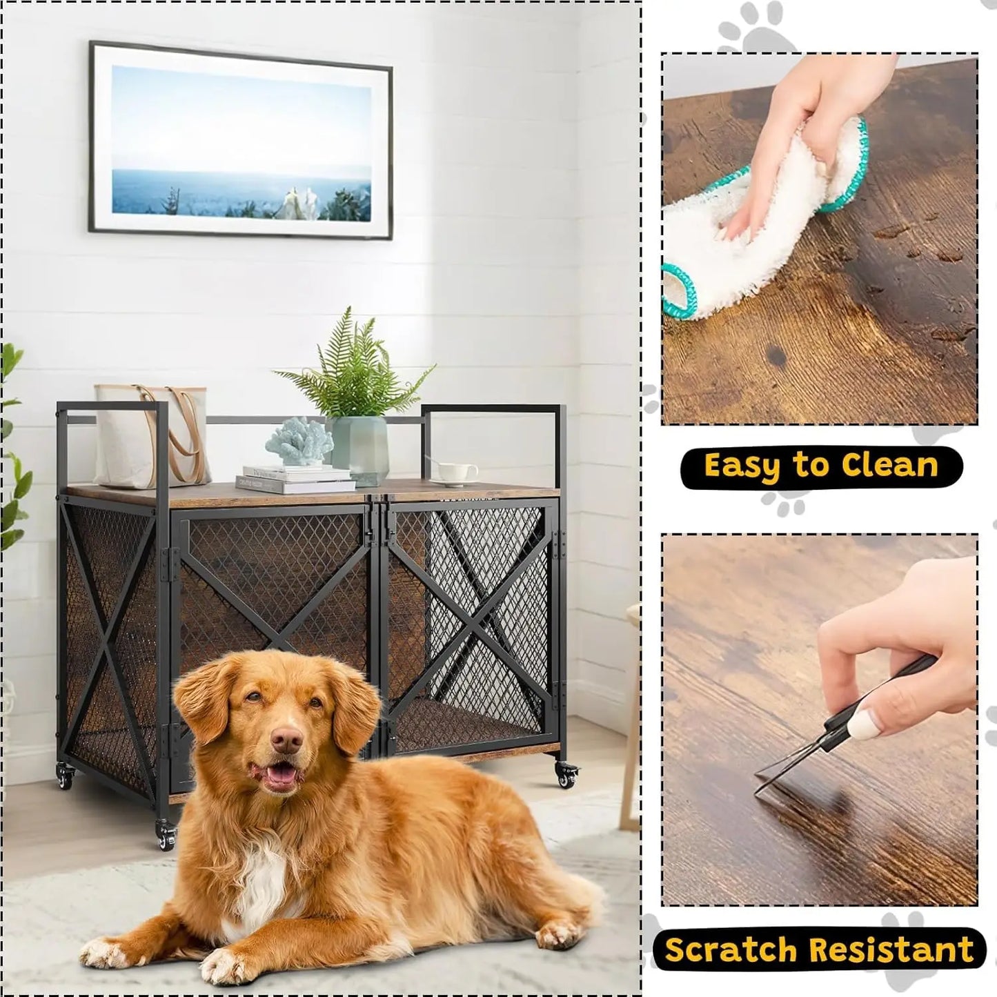 Large Wooden Dog Crate Furniture – Heavy-Duty Indoor Dog Cage with Lockable Wheels - Top Dogg Brand