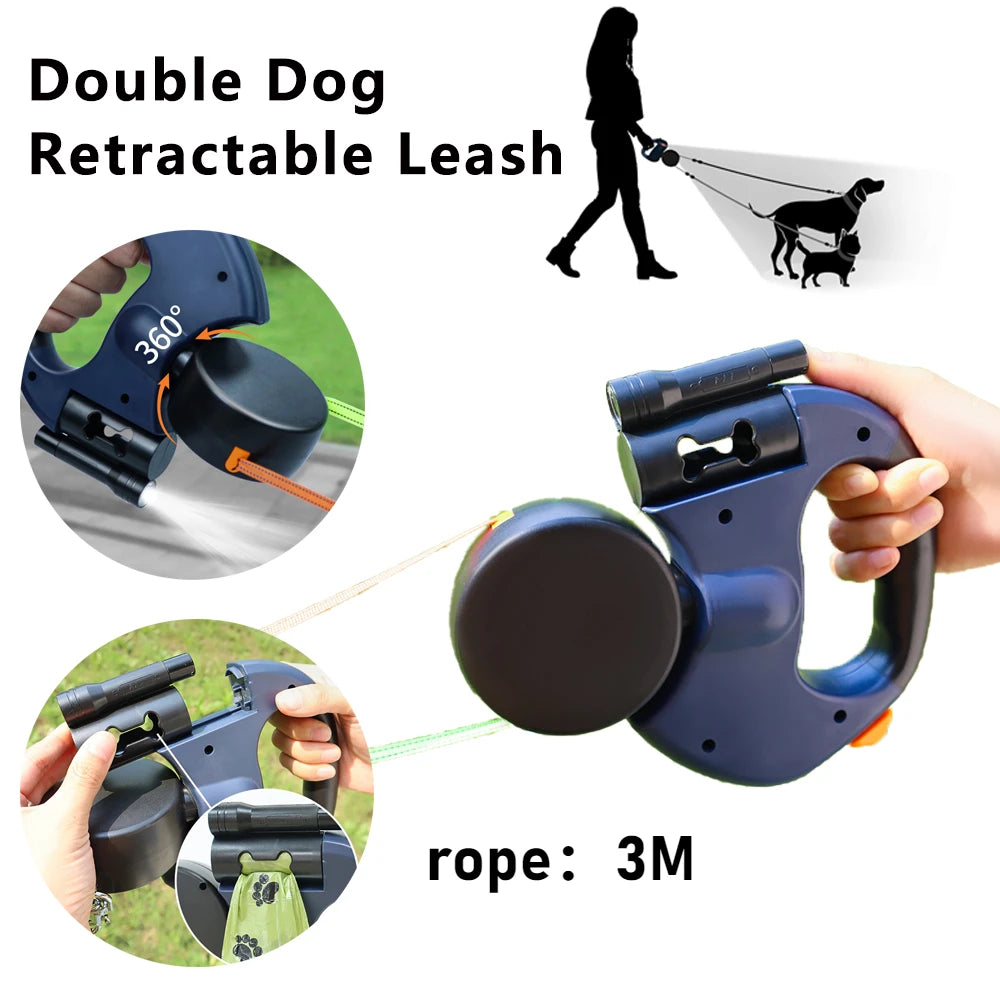 Automatic Retractable Dual Dog Leash with Built-In Flashlight - Top Dogg Brand
