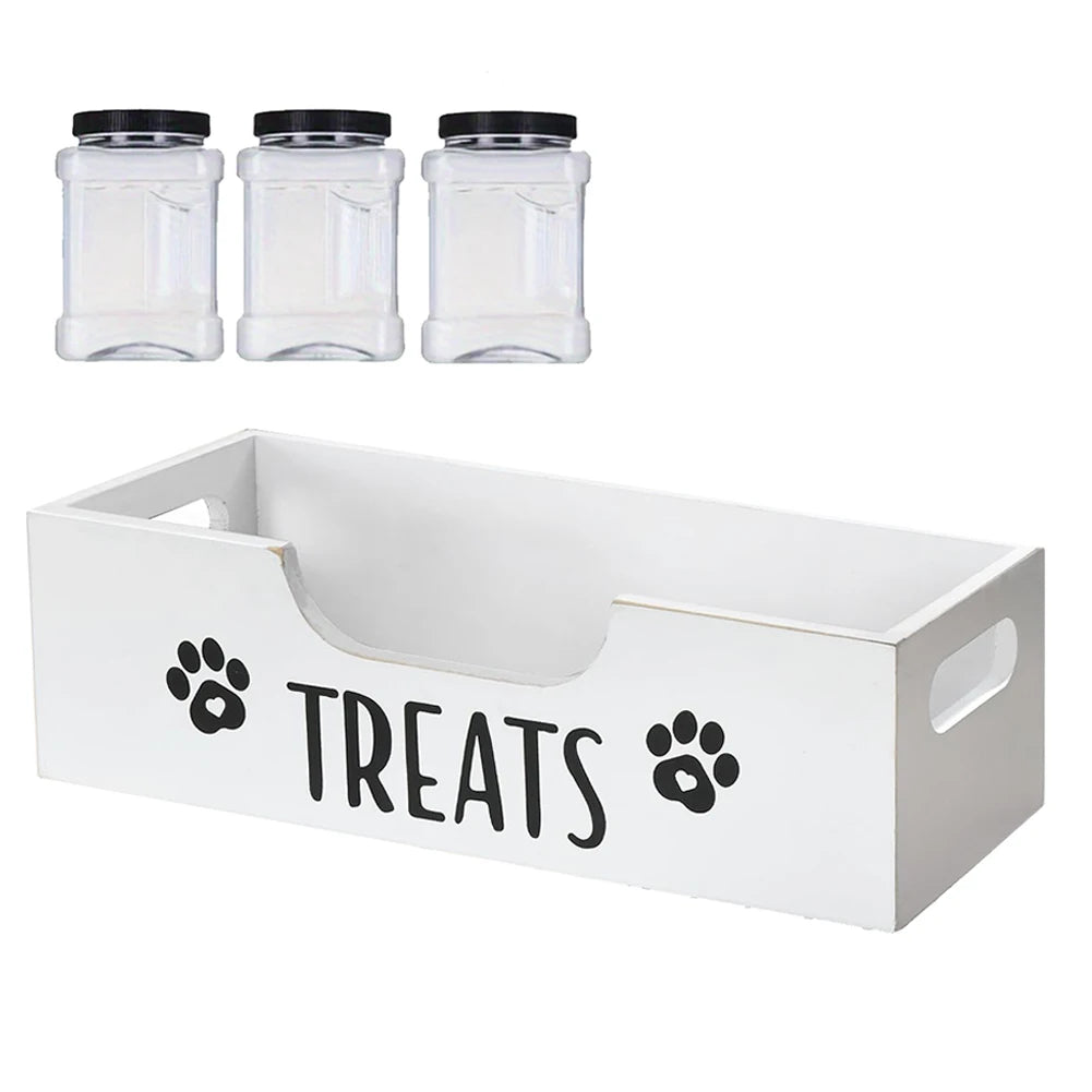 Wooden Pet Treat Storage Box with 3 Airtight Jars – Dog & Cat Snack Organizer - Top Dogg Brand