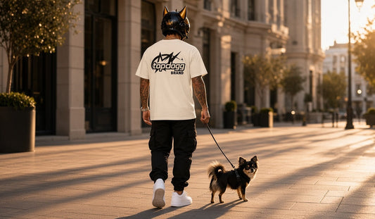 Top Dogg walking Max, showing the back print of the tee