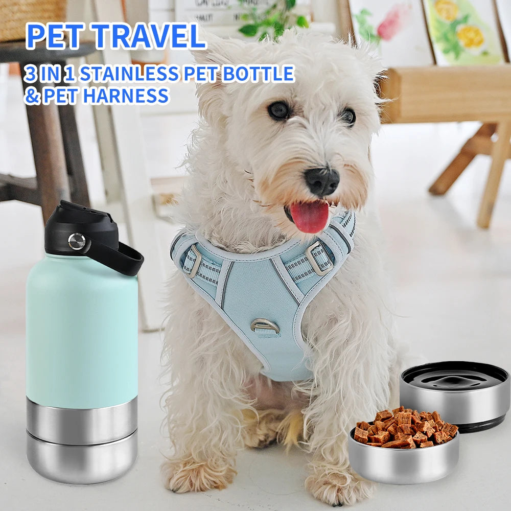 OKKPETS 32Oz Portable 3 in 1 Pet Water Bottle Stainless Steel Pet Insulated Feeder Travel Outdoor 34Oz Pet Bowl Dog Food Cup - Top Dogg Brand