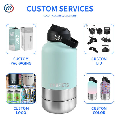 OKKPETS 32Oz Portable 3 in 1 Pet Water Bottle Stainless Steel Pet Insulated Feeder Travel Outdoor 34Oz Pet Bowl Dog Food Cup - Top Dogg Brand