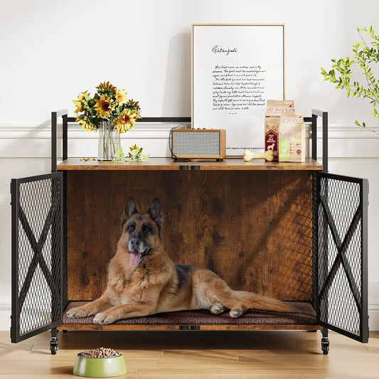 Large Wooden Dog Crate Furniture – Heavy-Duty Indoor Dog Cage with Lockable Wheels - Top Dogg Brand