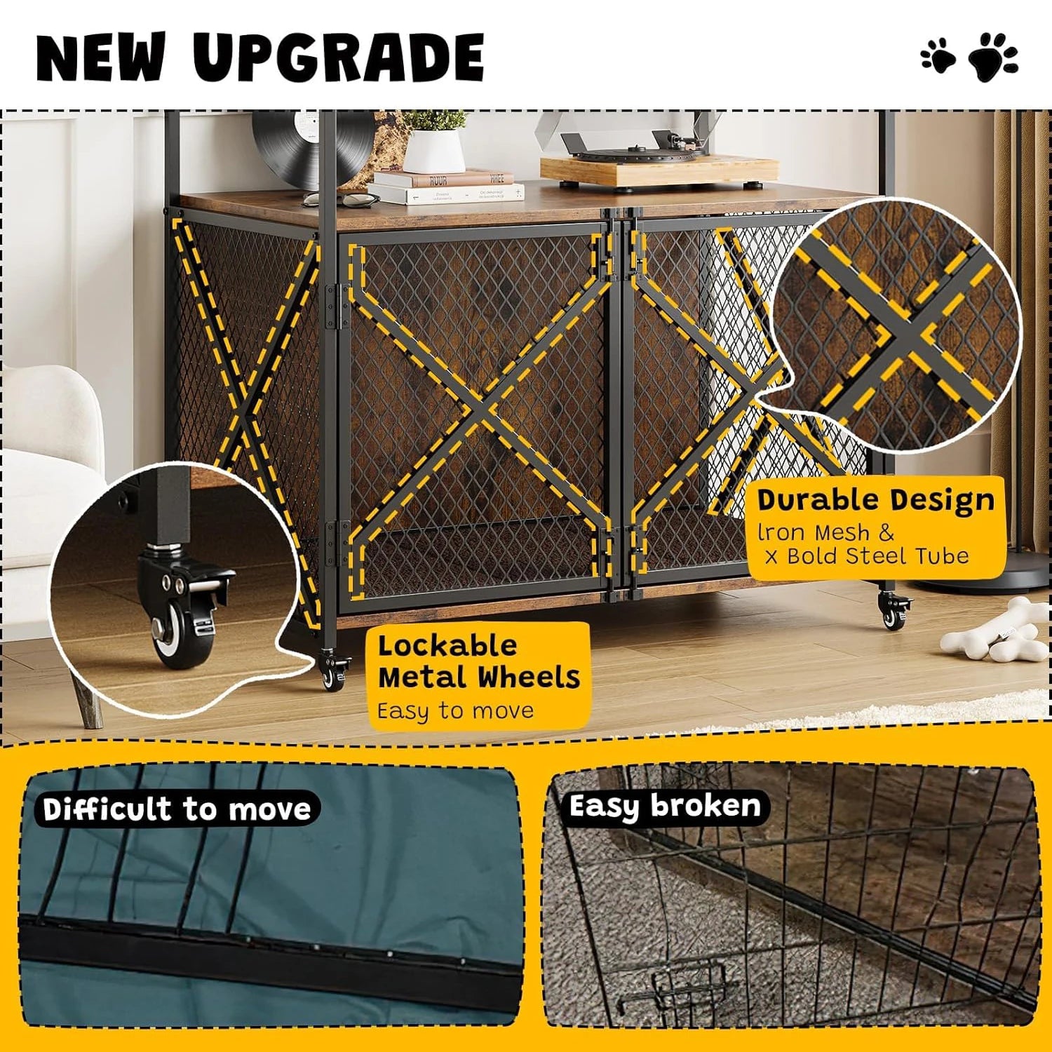 Large Wooden Dog Crate Furniture – Heavy-Duty Indoor Dog Cage with Lockable Wheels - Top Dogg Brand