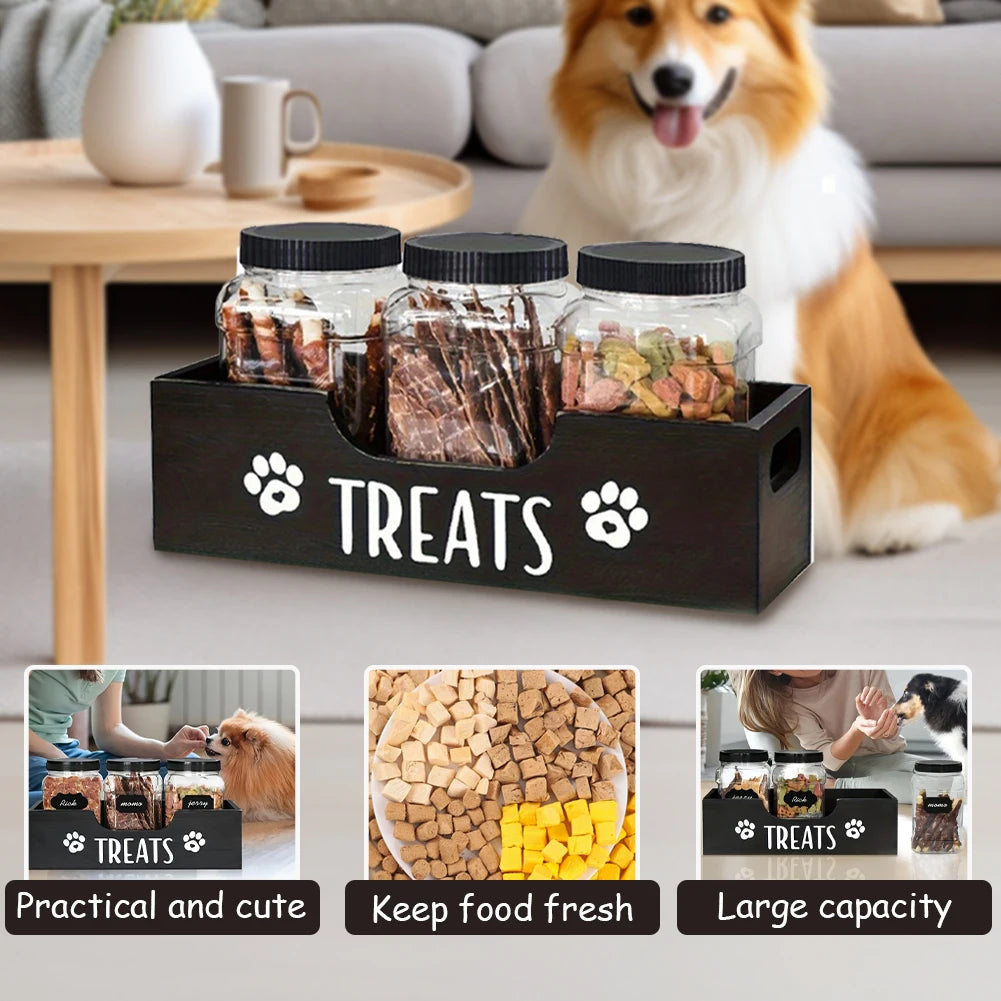 Wooden Pet Treat Storage Box with 3 Airtight Jars – Dog & Cat Snack Organizer - Top Dogg Brand