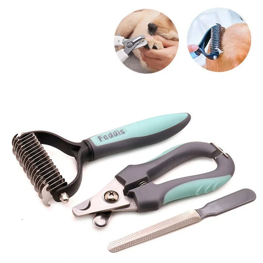 5-in-1 Pet Grooming Kit – Stainless Steel Rake Comb, Nail Clippers & File - Top Dogg Brand
