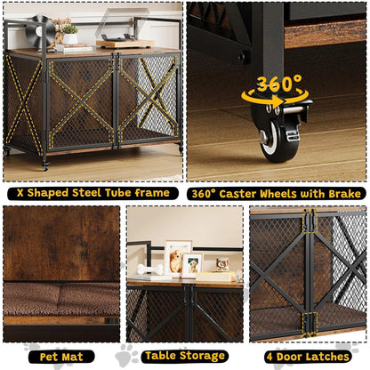 Large Wooden Dog Crate Furniture – Heavy-Duty Indoor Dog Cage with Lockable Wheels - Top Dogg Brand