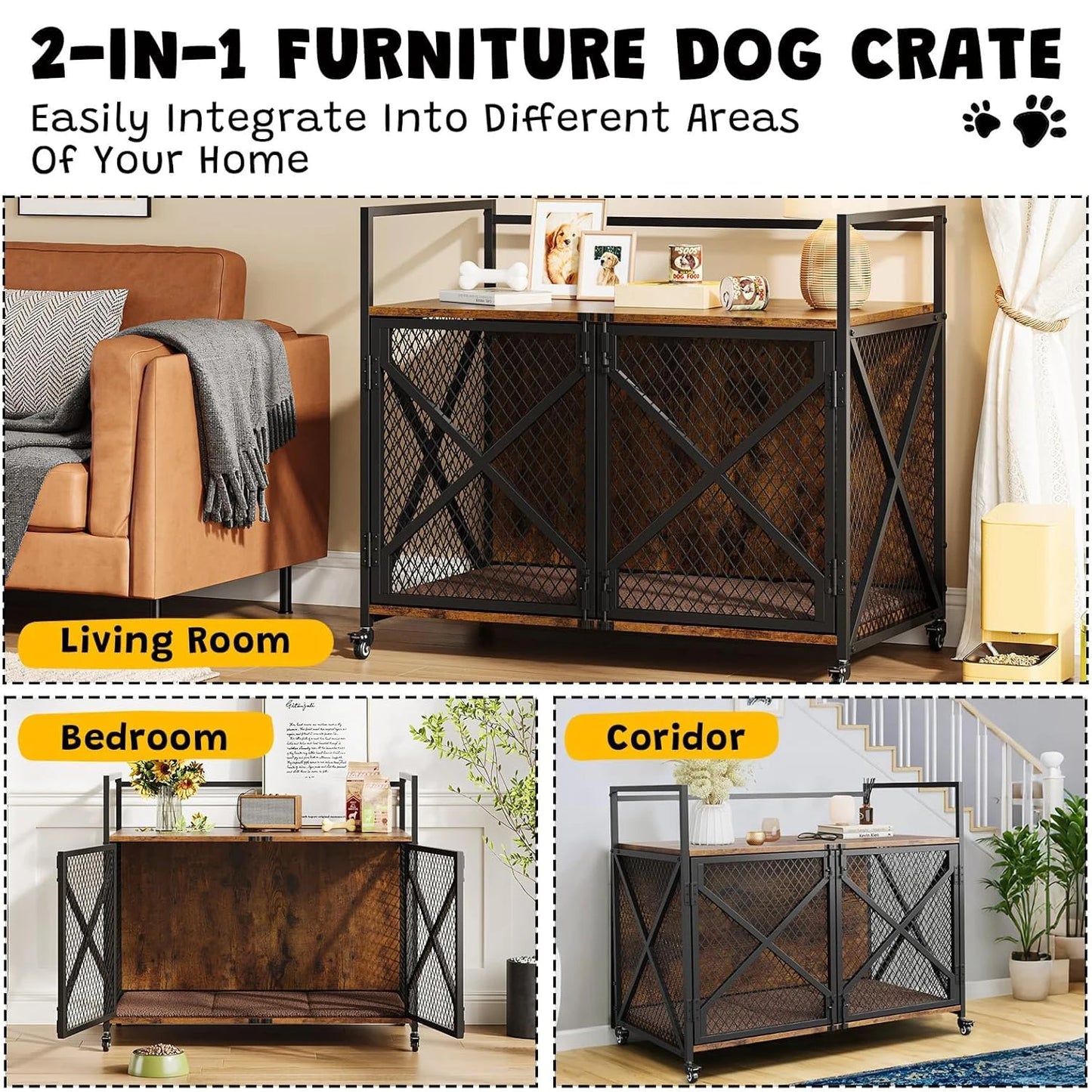 Large Wooden Dog Crate Furniture – Heavy-Duty Indoor Dog Cage with Lockable Wheels - Top Dogg Brand