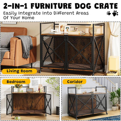 Large Wooden Dog Crate Furniture – Heavy-Duty Indoor Dog Cage with Lockable Wheels - Top Dogg Brand