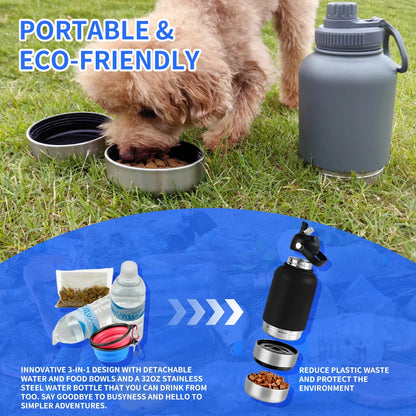 OKKPETS 32Oz Portable 3 in 1 Pet Water Bottle Stainless Steel Pet Insulated Feeder Travel Outdoor 34Oz Pet Bowl Dog Food Cup - Top Dogg Brand