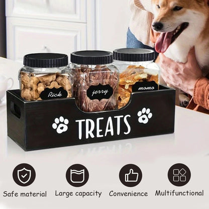 Wooden Pet Treat Storage Box with 3 Airtight Jars – Dog & Cat Snack Organizer - Top Dogg Brand
