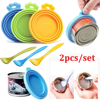 2pcs/set Reusable Pet Food Can Cover Silicone Dogs Cats Storage Tin Cap Lid Seal Cover with Spoon - Top Dogg Brand