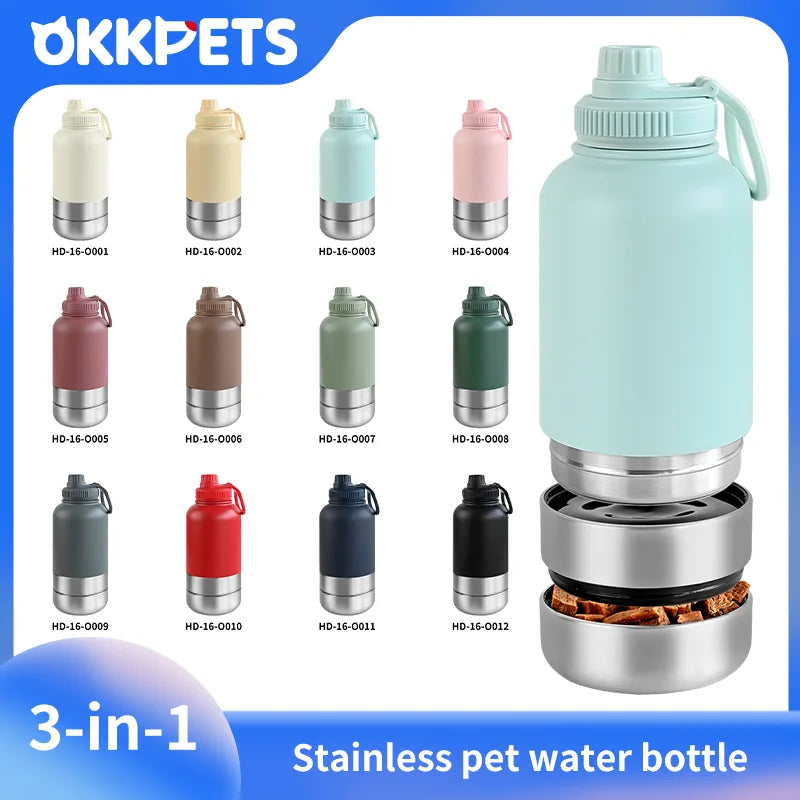 OKKPETS 32Oz Portable 3 in 1 Pet Water Bottle Stainless Steel Pet Insulated Feeder Travel Outdoor 34Oz Pet Bowl Dog Food Cup - Top Dogg Brand