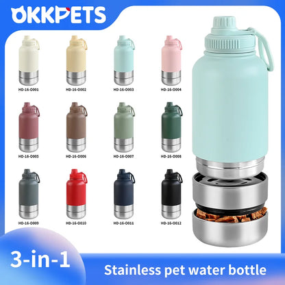 OKKPETS 32Oz Portable 3 in 1 Pet Water Bottle Stainless Steel Pet Insulated Feeder Travel Outdoor 34Oz Pet Bowl Dog Food Cup - Top Dogg Brand