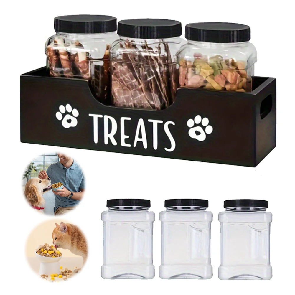 Wooden Pet Treat Storage Box with 3 Airtight Jars – Dog & Cat Snack Organizer - Top Dogg Brand