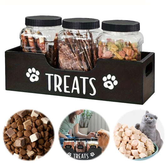 Wooden Pet Treat Storage Box with 3 Airtight Jars – Dog & Cat Snack Organizer - Top Dogg Brand
